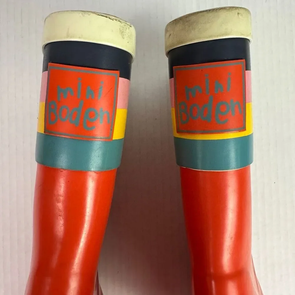 Mini Boden Orange Rain Boots with Multicolor Stripes